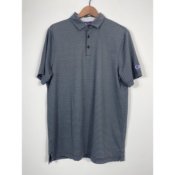 Champion Authentic Athleticwear Black & Gray Striped Polo Shirt Size Large - Picture 1 of 7